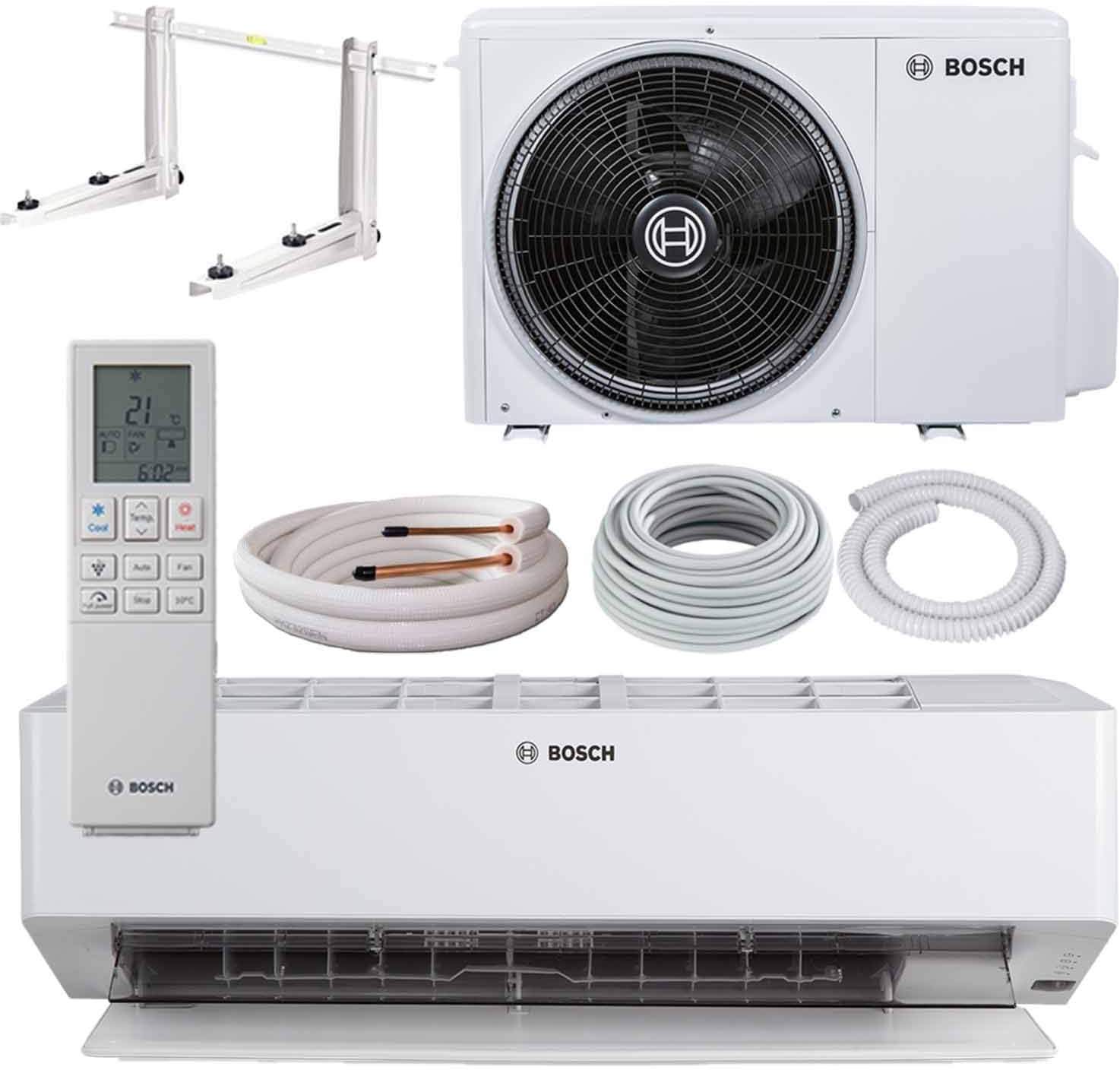Complete BOSCH Climate 6000i Split Air Conditioner package including indoor unit, outdoor unit, remote, and installation accessories.