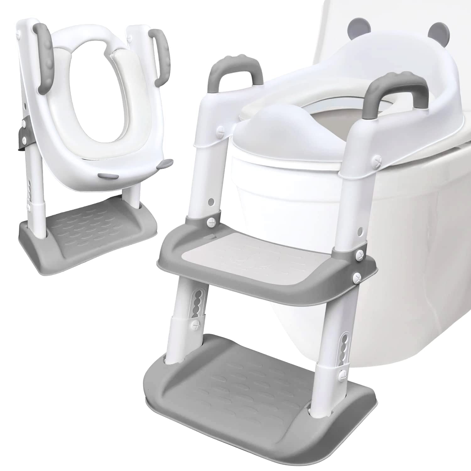 Potty Training Seat with Ladder Adjustable Foldable Toilet with Splash Guard and Handles for Toddlers Non-Slip Potty Chair for Kids Toddler Toilet Seat with Step Stools (grey)