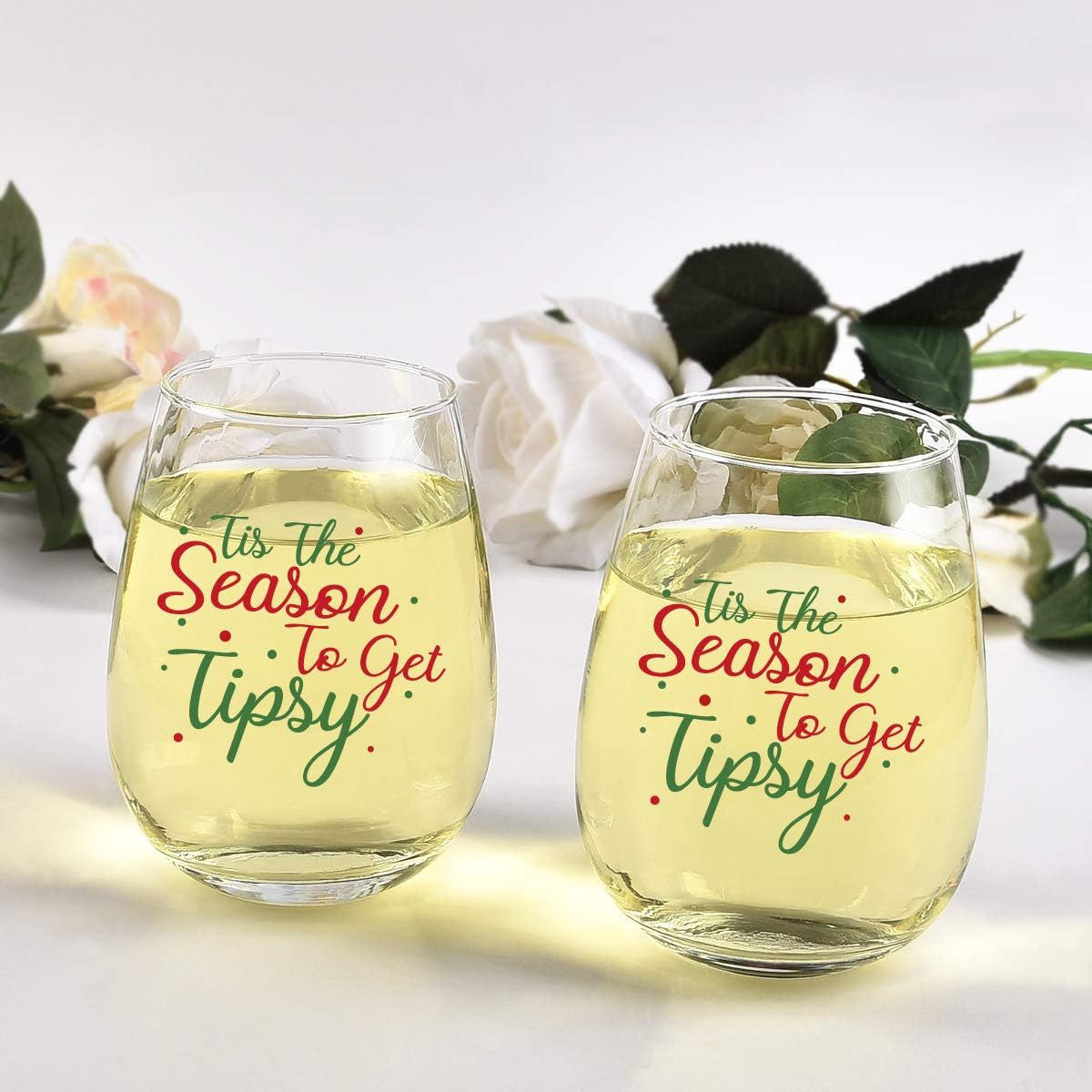 Tis the Season Stemless Wine Glass, Set of 2 Funny Christmas Holiday Wedding Gifts for Women, Men, Family & Wino, 15 Oz