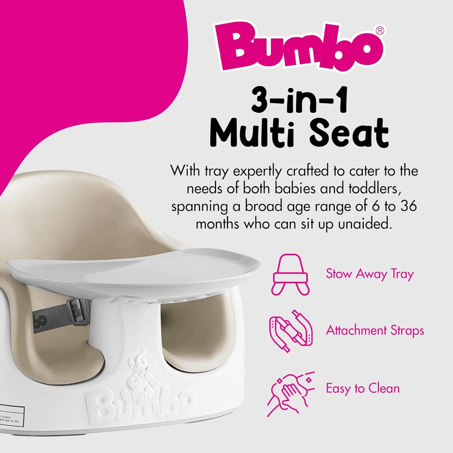 Bumbo Sitzerhöhung mit abnehmbarem Tablett für Kleinkinder & Babys zwischen 6 und 36 Monaten - Babyschale für Esszimmerstuhl mit Sicherheitsgurt - Mehrzweck-Babybodensitz - Taupe