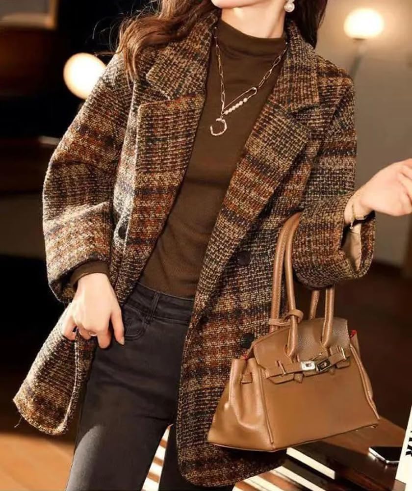 Cappotto Scozzese Invernale da Donna Giacca Blazer Doppiopetto con Risvolto Elegante con Tasche Giacca Formale Giacca Blazer Divisa con Risvolto Casual