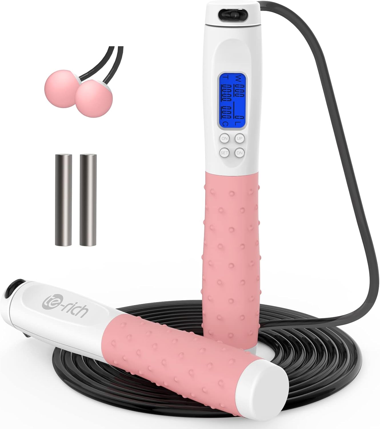 Te-Rich Jump Rope, Weighted Jump Rope for Fitness, Skipping Rope with Counter - Heavy Handles, Adjustable Length - Cordless Jumping Rope for Men Women Kids Fitness Exercise Training White+Pink