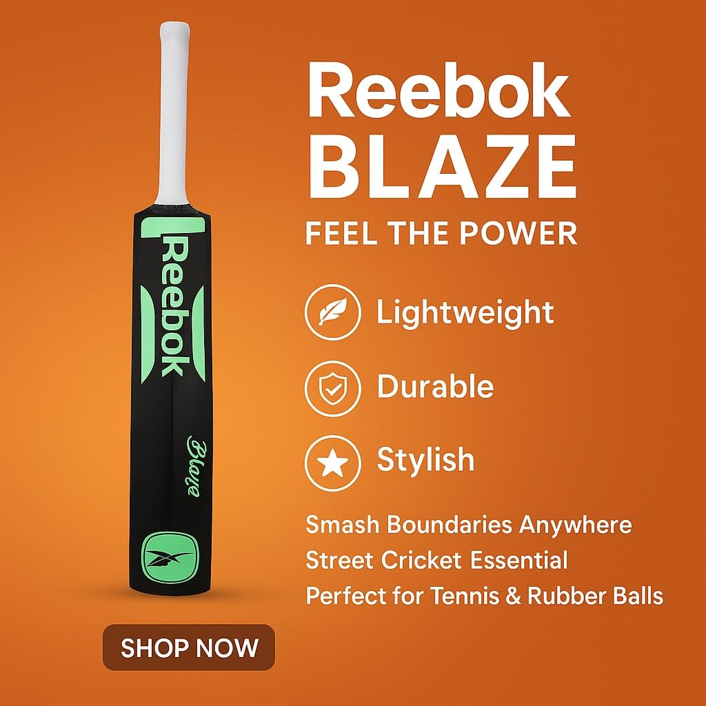 Reebok Blaze Batte de cricket en plastique – Taille complète 86,4 x 11,4 cm, PVC léger, design durable pour l'entraînement et les jeux récréatifs, convient aux enfants de 15 ans et plus (vert)