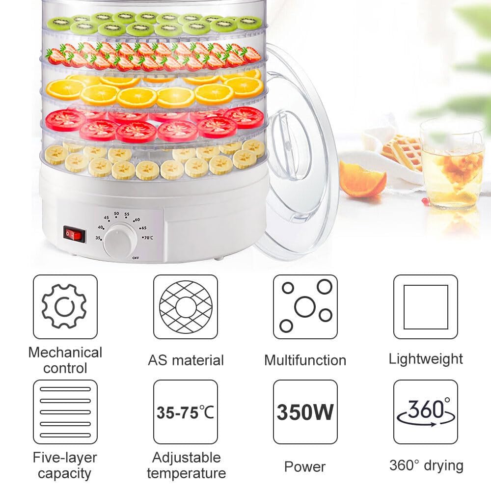 Máquina de Secador de Frutas, Deshidratón de Alimentos con 5 Bandejas Extraíbles, 35-70 ° Control Mecánico Ajustable Para Frutas Vegetales Secador de Carne de Res Máquina de Verduras