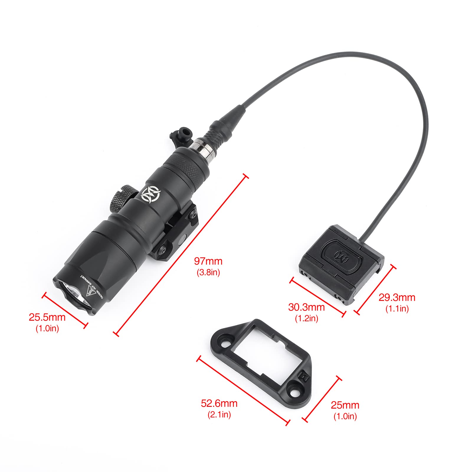 M300A Lampe de poche tactique avec interrupteur de coussin de pression, lampe de reconnaissance de 600 lumens pour le système ferroviaire Mlok Keymod 20 mm Picatinny (Noir)
