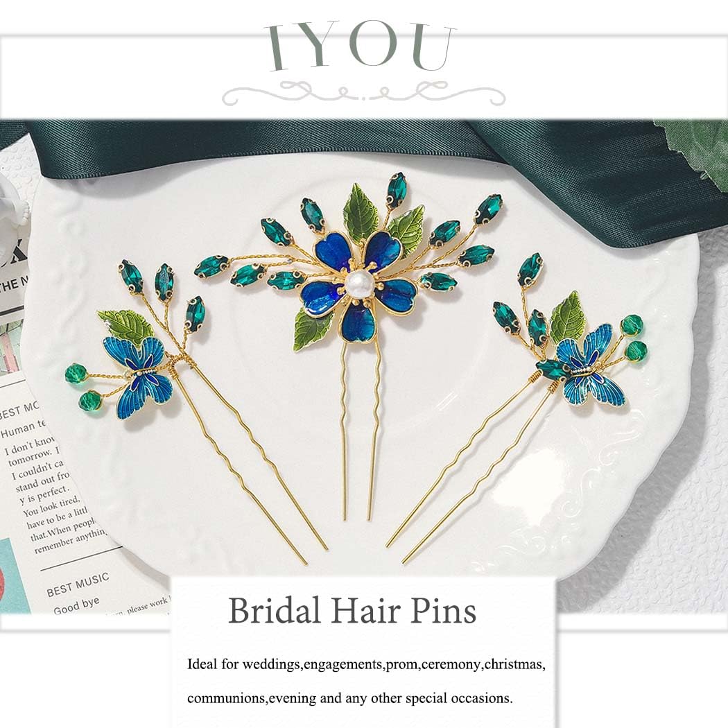 IYOU Baroque Wedding Hair Pins Green Flower Bridal Hair Piece Butterfly Guest Bridesmaid Hair accessories for Women(Pack of 3) - Image 2