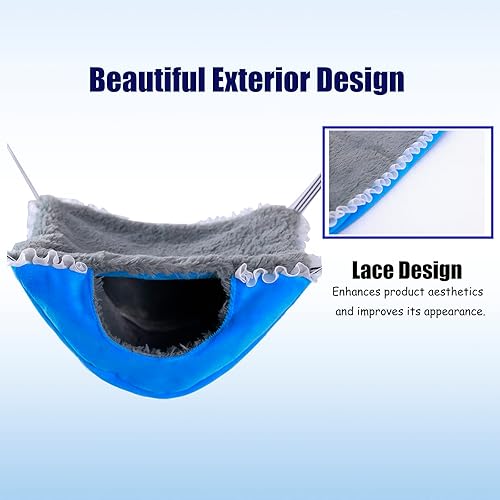 Miniatura 4 de Hamaca pequeña para mascotas, hamacas colgantes para hurón, escondite cálido para ratas con ribete de encaje plisado (azul)