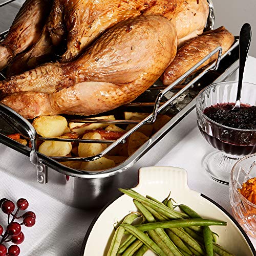 VonShef Stainless Steel Roaster Pan with Rack – Ideal for Roasting Chicken/Turkey/Meat Joints & Vegetables, 17 Inch, 8 Quart Capacity