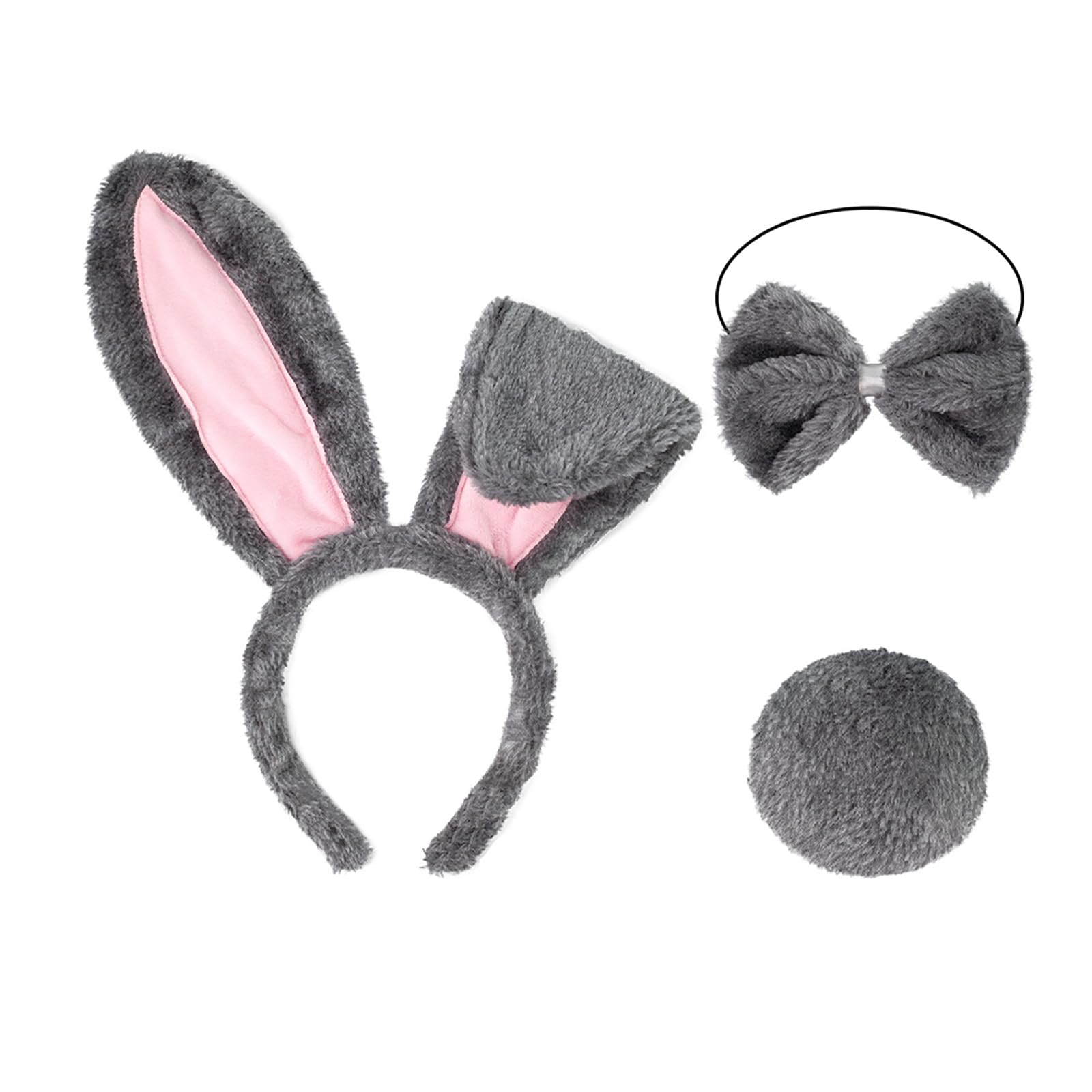 AMWYODK Bunny/Rat Costume Set, 3pcs Easter Bunny Ears,Rat Ears, Tail, Bowtie, Animal Cosplay for Halloween Accessories (gray rabbit)