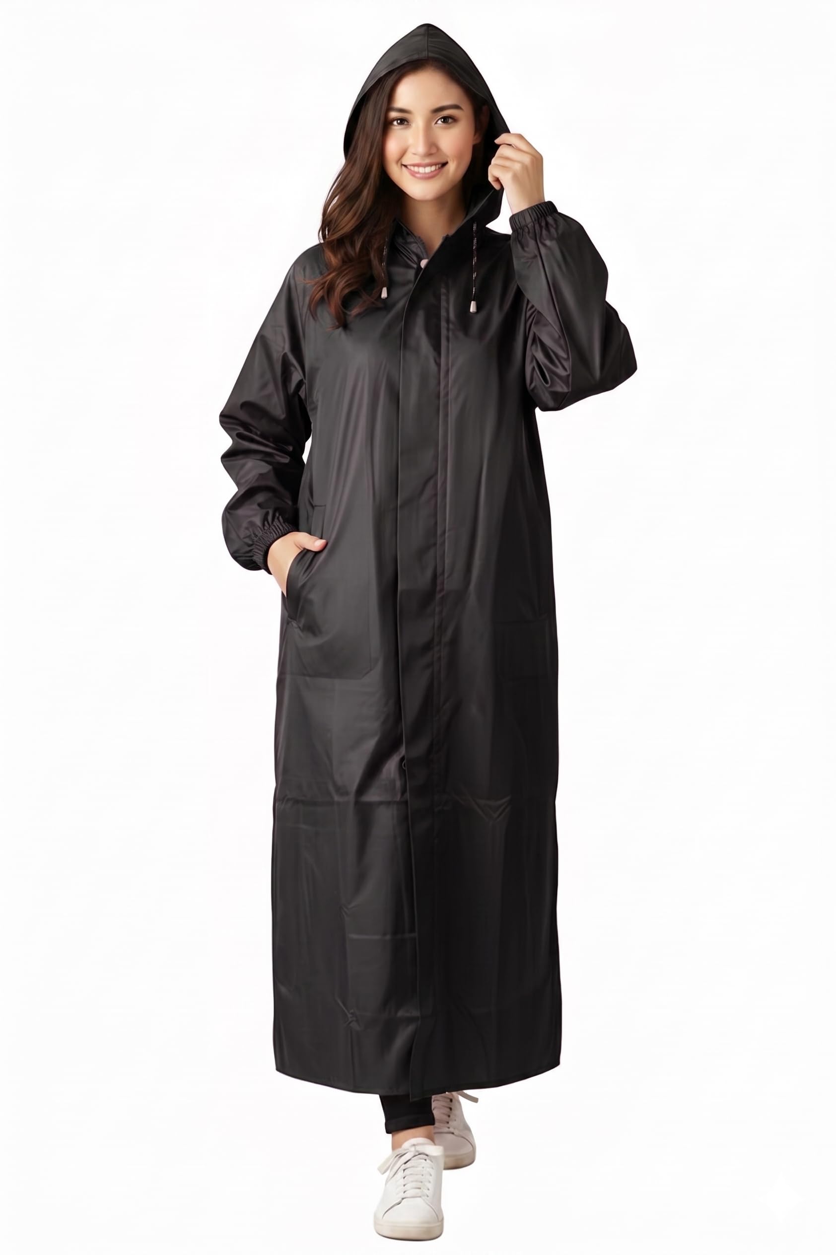 Women's Waterproof Rain Coat, Black, Full Length, Polyester, Adjustable Hood, Side Pockets, Free Size-image-12