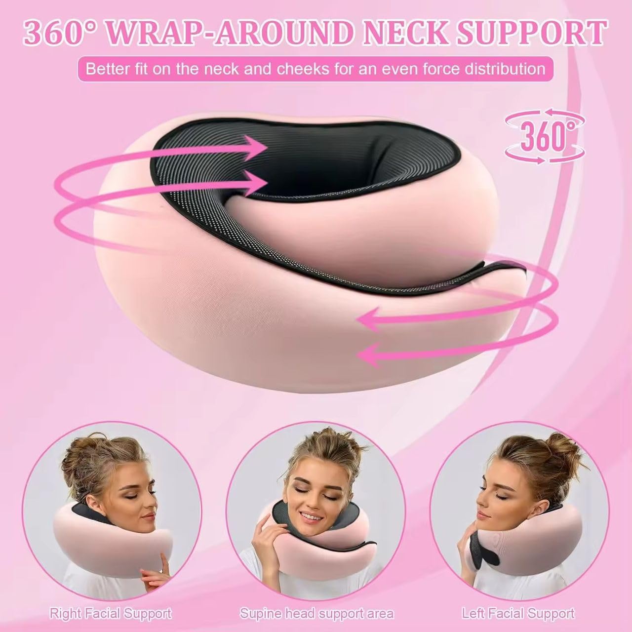 Reisekissen - Ergonomisches Nackenkissen aus Memory-Schaum für Reisen, kompaktes & verstellbares Flugkissen mit Augenmaske, Ohrstöpsel, Decke, Aufbewahrung & Tragetasche, kompaktes Reise-Set (Rosa)