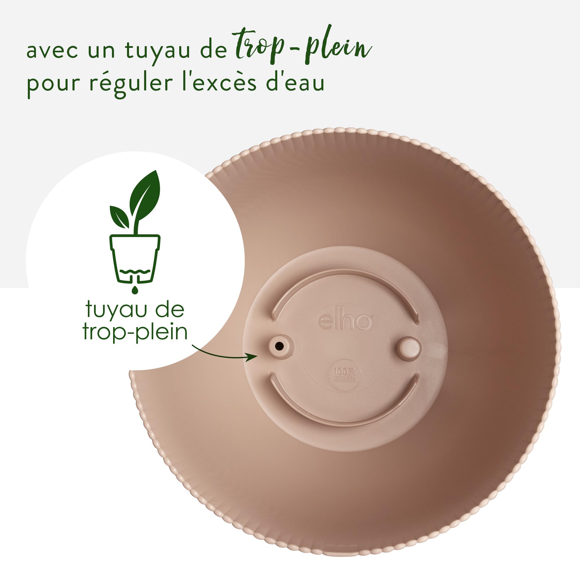 Elho Sereh Round 30 - Pot de Fleur - Interieur & Extérieur - Plastique 100% Recyclé - Ø 29.5 x H 25.3 cm - Cool Clay