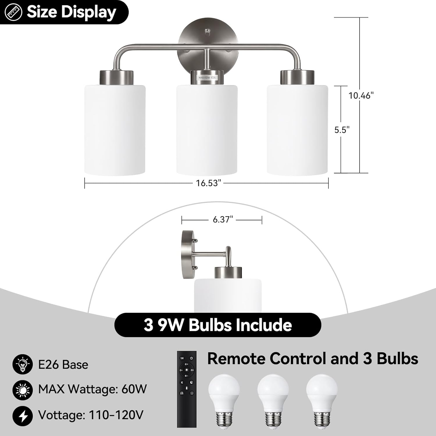 SUNMORY Bathroom Light Fixtures with 3 Stepless Dimmable Bulbs and Remote, 3-Light Modern Vanity Lights with Frosted Glass Shades, Bathroom Wall Lamp for Over Mirror Kitchen Living Room Hallway Porch