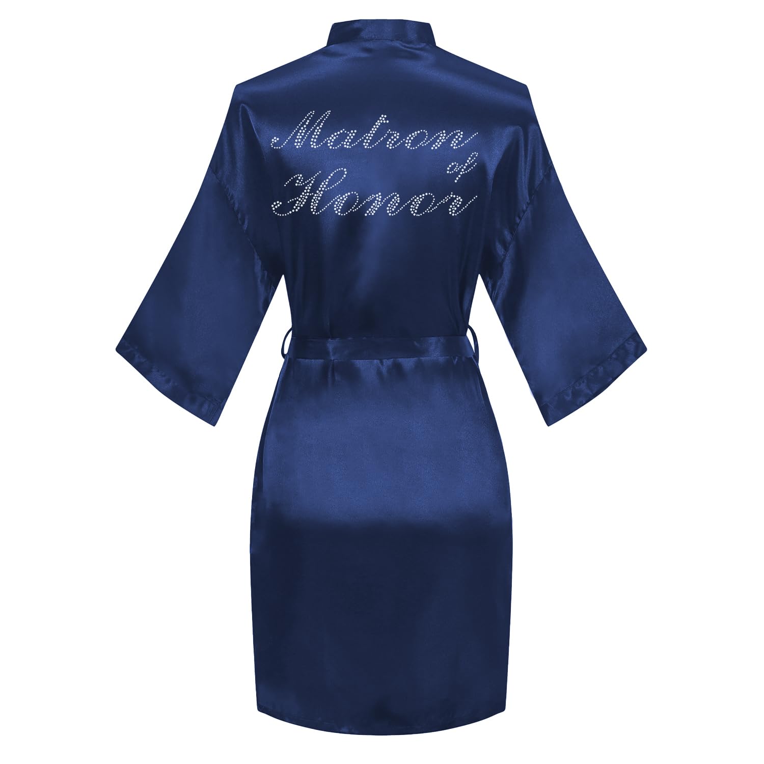 Women's Satin Robe Bride Bridesmaid Short Kimono Robes with Silver Rhinestones for Wedding Party Getting Ready
