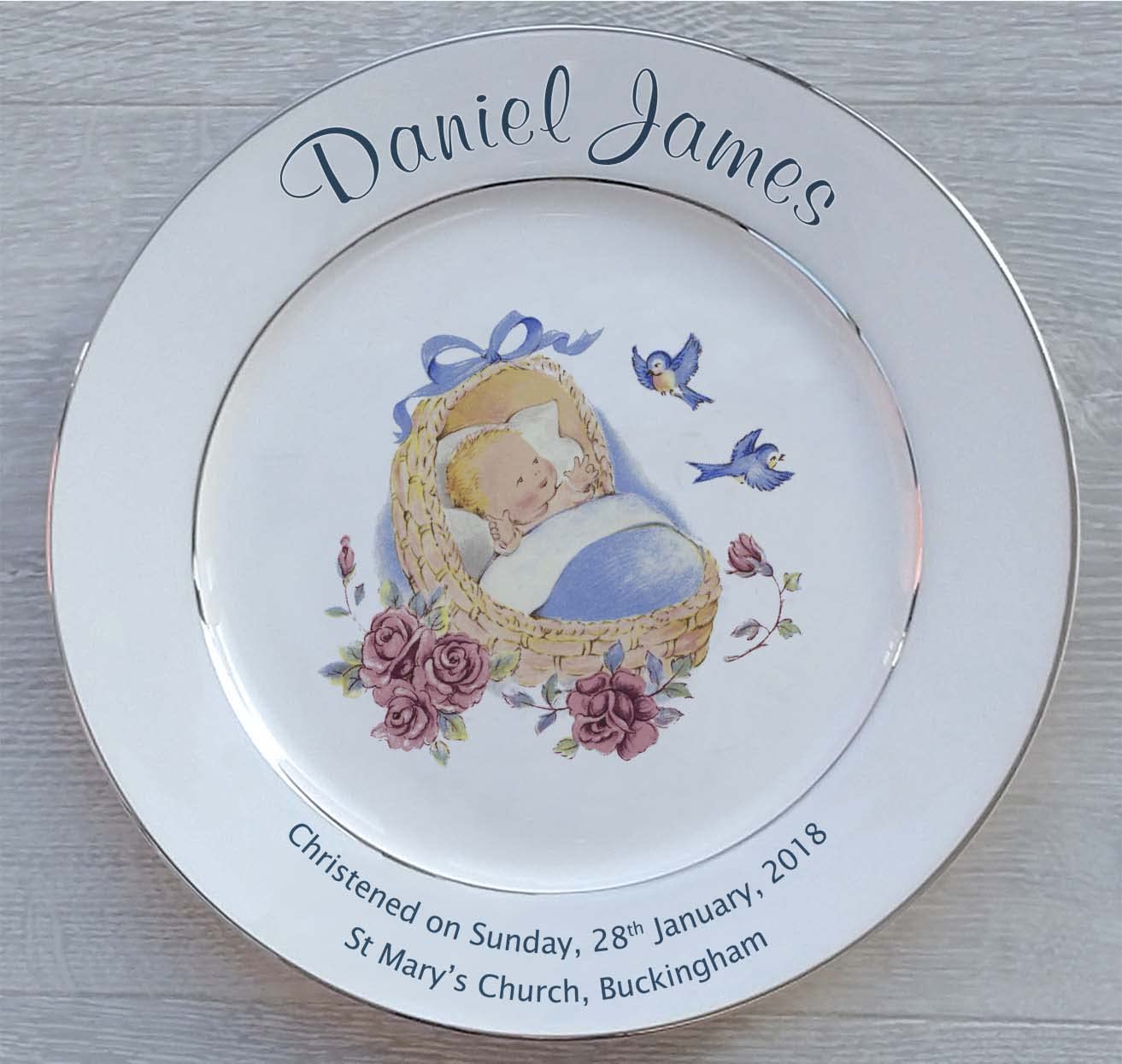 All About Names Personalised Christening Plate - Blue Cradle Design on a Plate with 2 Platinum Bands
