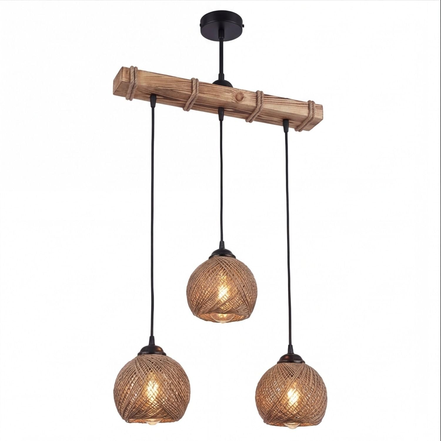 Licht-Erlebnisse Hängelampe Balken 49 cm breit H: max. 110 cm geflammtes Holz Balken Jute E27 3-flammig Modern Pendelleuchte Esszimmer Wohnzimmer