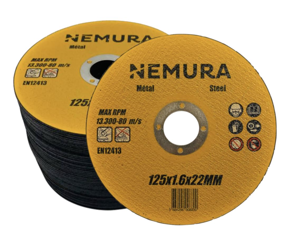 Nemura Lot de 50 Disques à Tronçonner 125 mm - Outils de Coupe pour Métal 125 x 2 x 22,2 mm - pour Professionnel et Bricoleur - Matériau Robuste et Durable - Marque Française