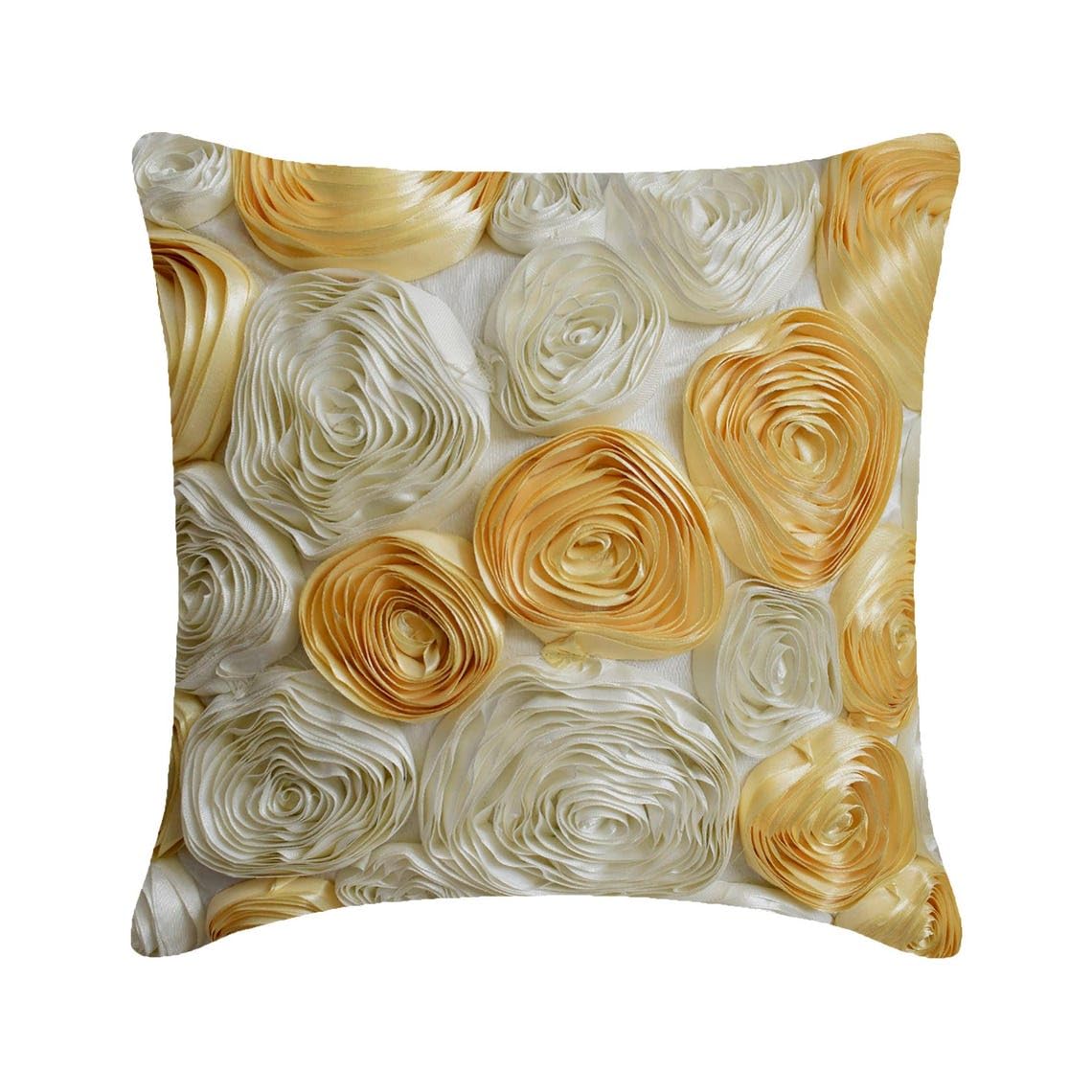 The HomeCentric Ivory Shams, Ribbon Gold Rose Flower Floral Theme Cushion Shams, 60x60 cm (24x24 inch) Cushion Shams, Silk Cushion Sham, Modern Cushion Shams, Art Deco - Gold N Ivory Blooms โ image 1