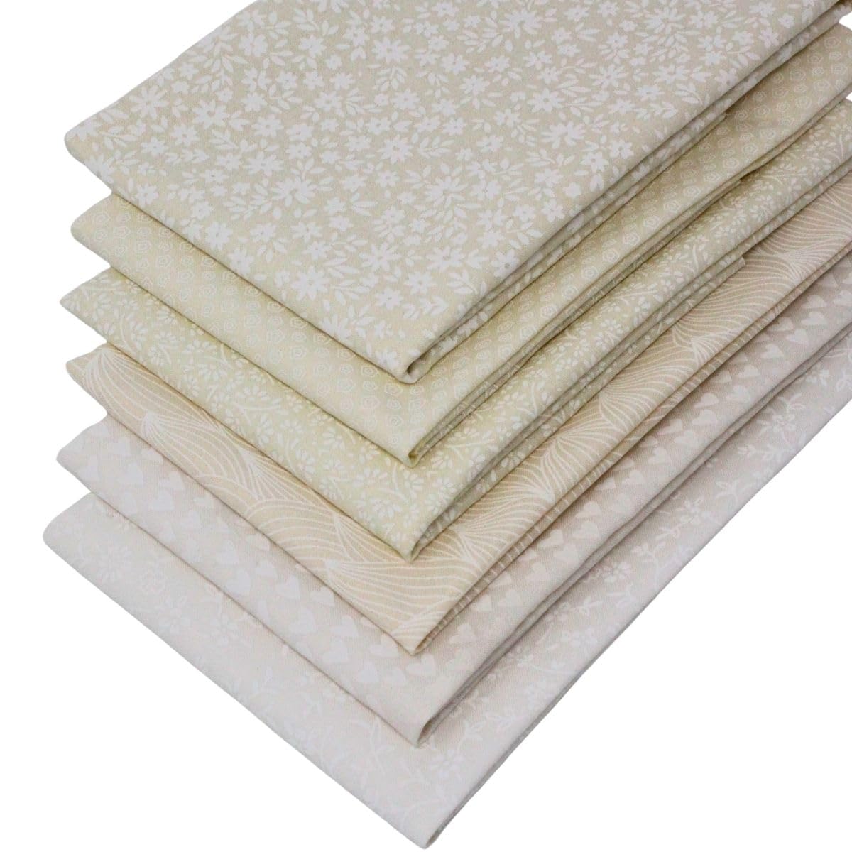 6 Fat Quarters Bundle - 'Tone on Tone Classic Ivory' Floral & Small Scale Designs. Ivory & White Fabric. 100% Cotton. for Quilting, Sewing & Crafting (with Free Patchwork Pattern by Overdale Fabrics)