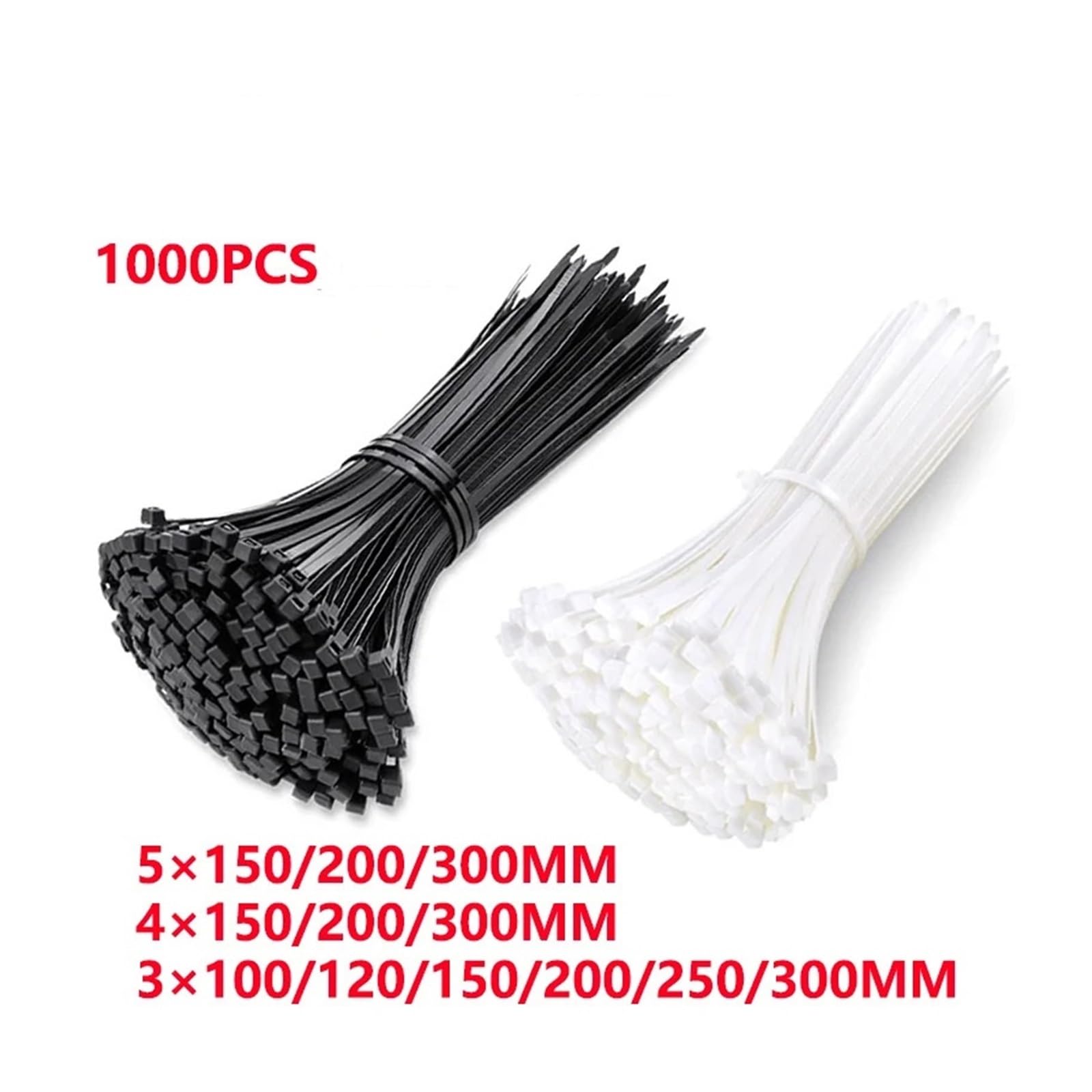 Bridas de nylon ABS con cierre automático, Brida for cables autoblocante de nailon, varios tamaños, blanco y negro, paquete 1000/5000/10000 unidades(4x200mm,Black(1000PCS))