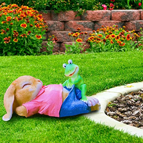 Syfunlv Deko Hasen für draußen,Groß Frosch Figur,25.5 x13x13.5cm Kaninchen mit Frosch Garten Statue Lustig Skulptur für Balkon, Am Teich, Grün Gartenfiguren ZubehöR Rasendekoration