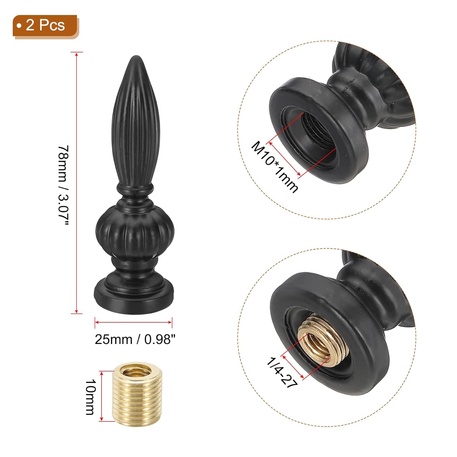 PATIKIL 25mm Lamp Shade Finial, 2 Pcs Lamp Finials Caps Knob M10x1mm Threaded Base Aluminum Solid Lamp Finial Decoration for Lamp Shade Table Floor Lamps, Black
