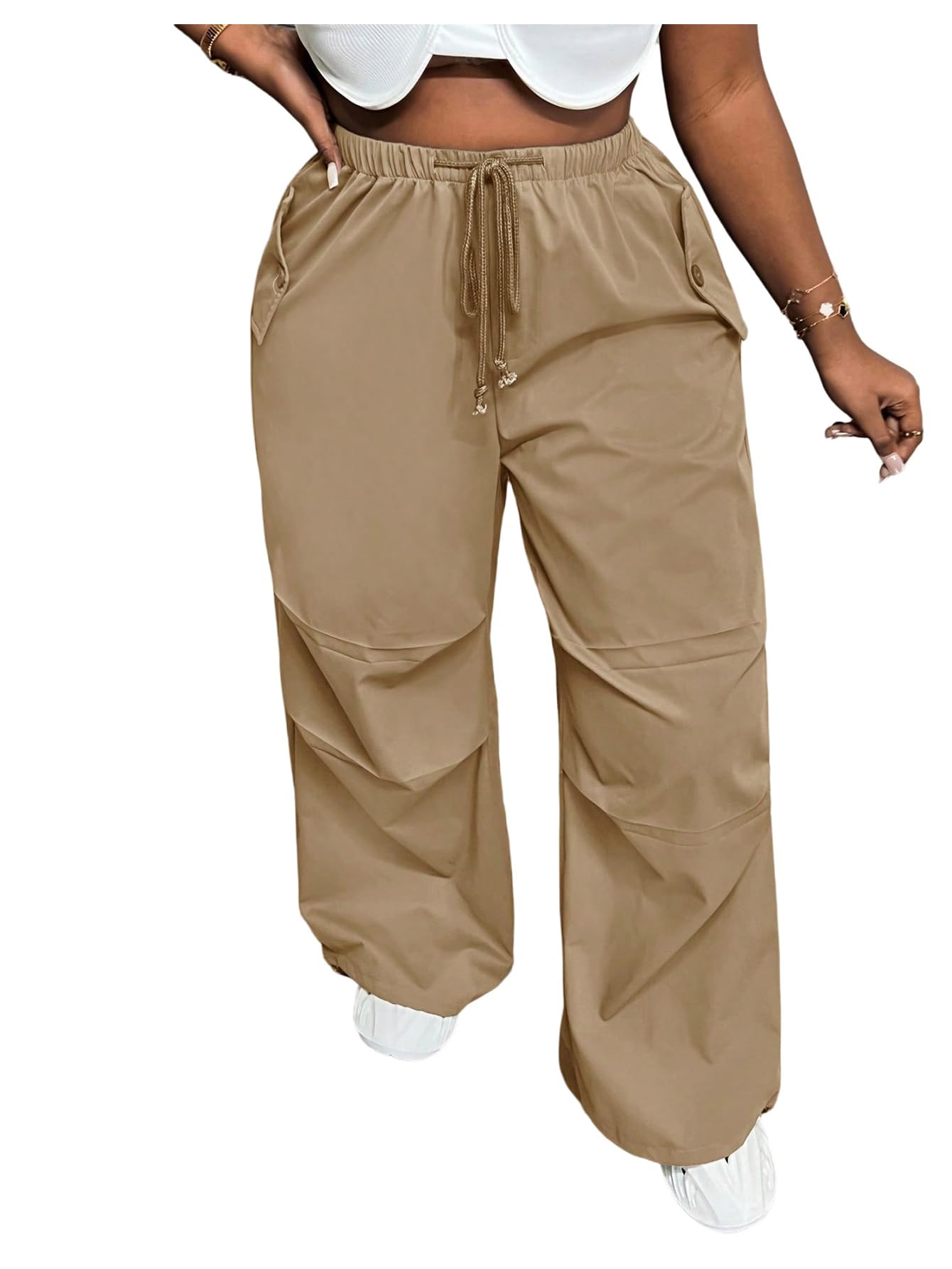 OYOANGLE Womens Plus Size High Waist Drawstring Trousers Wide Leg Casual Cargo Pants with Pocket