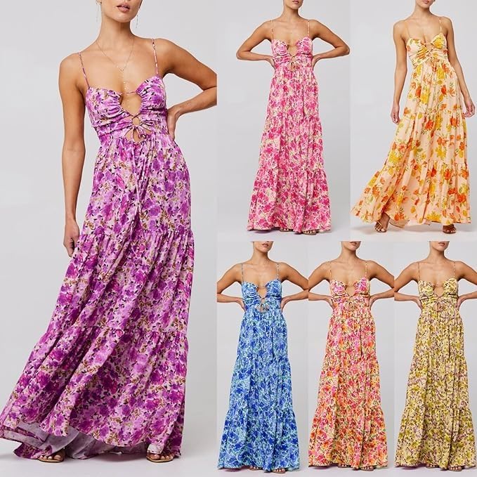 Women Floral Maxi Dress Tie Front Cut Out Backless Boho Spaghetti Strap Summer Beach Sundress4