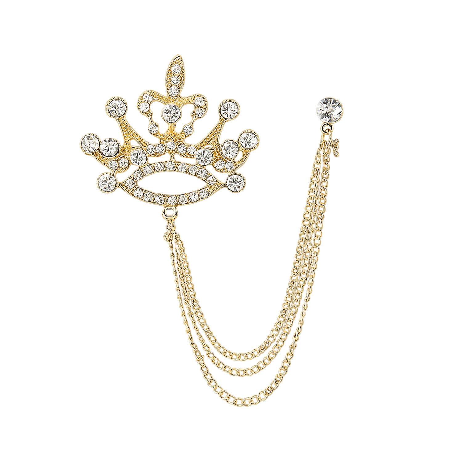 Men's & Women Suit Shirt Stud Lapel Pin Chain Tassel Brooch Pin with Crystal Chain(big crown)-image-13
