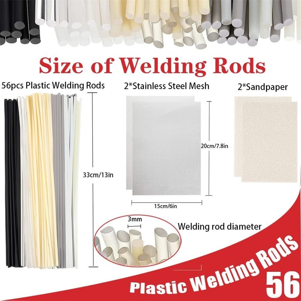Set di 60 aste di saldatura in plastica per riparare paraurti, kayak, barche e altro ancora, include 7 tipi di canne, rete in acciaio inossidabile e carta vetrata