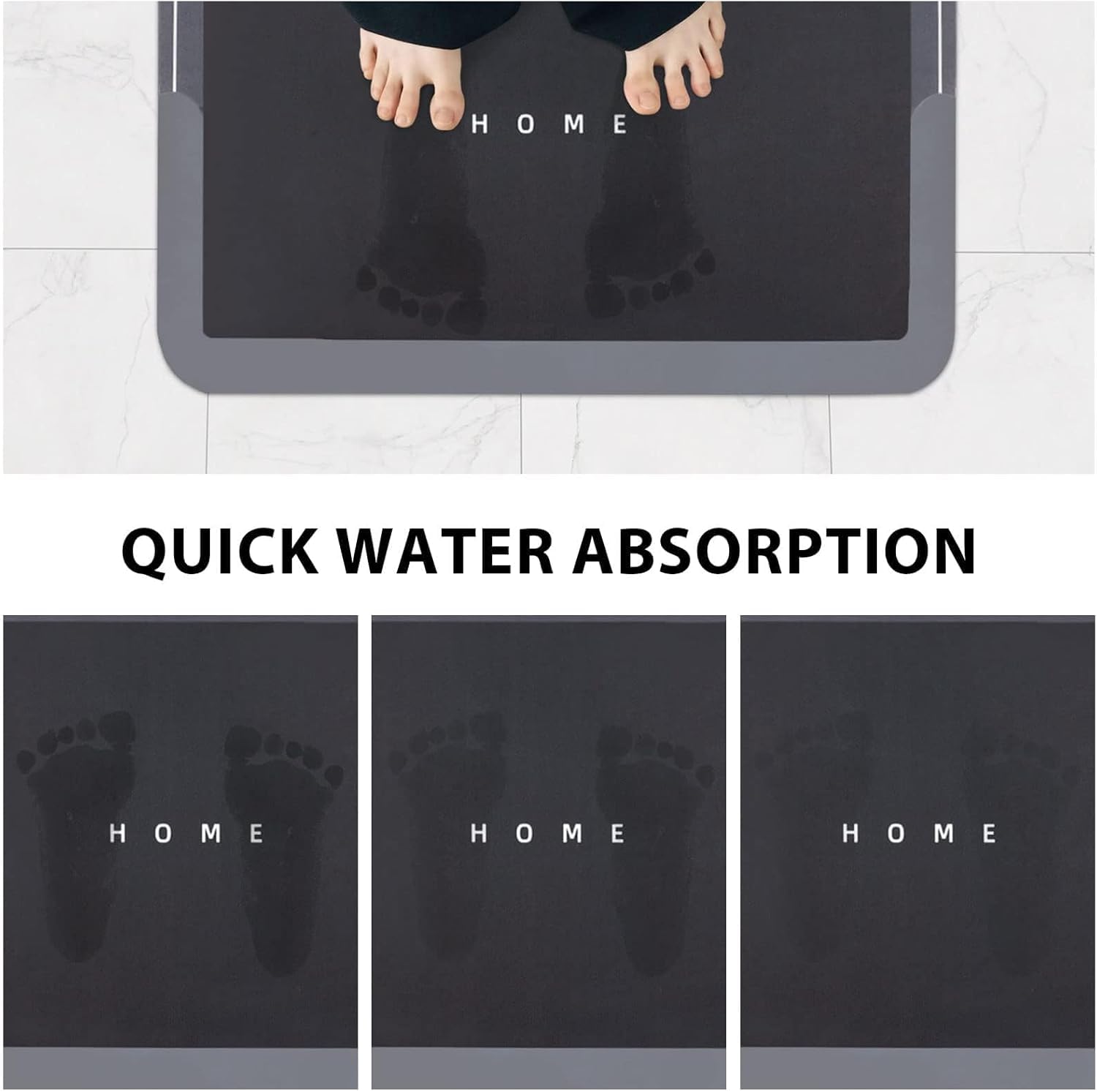 Tapis de bain antidérapant et absorbant en diatomite, séchage rapide, lavable et facile à nettoyer, noir et gris, 60 x 90 cm