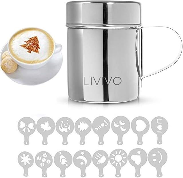 Fineway Stainless Steel Chocolate Shaker Duster with 16 Cappuccino Coffee Barista Stencils
