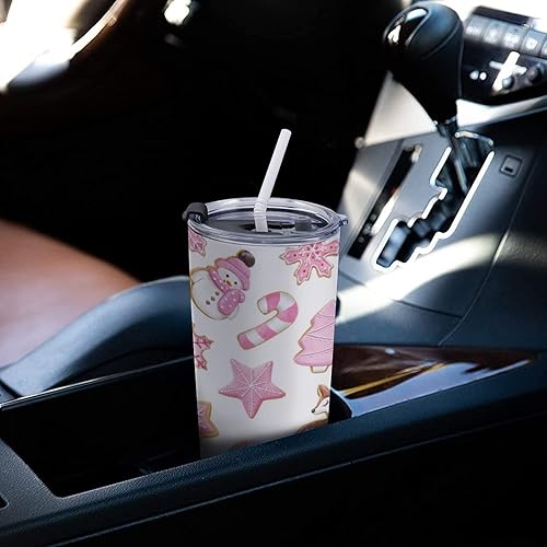 Miniatura 4 de MoBlinko Vaso de Navidad de 20 onzas, vaso de viaje de pan de jengibre rosa, taza de agua aislada con tapa a prueba de derrames, taza de invierno