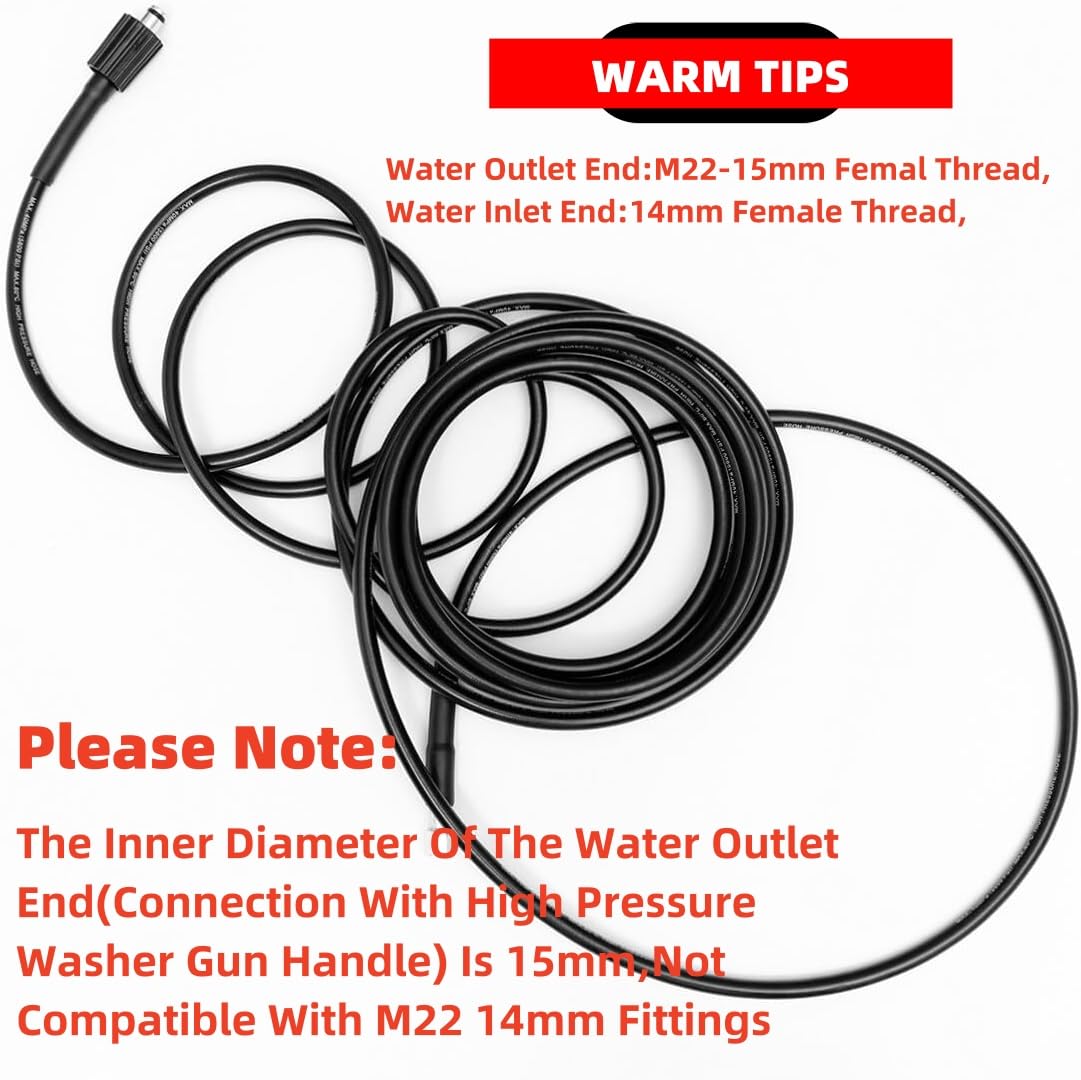 YUET Manguera de Repuesto para Lavadora de Alta Presión de 10M para Lavado de Coches, Limpieza de Jardín, M14 x M22 (15 mm), conector de Rosca para Limpieza de Agua y Drenaje (10 metros)
