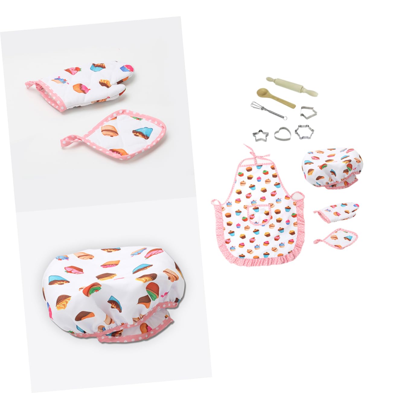 Juego de Cocina Infantil para Niñas Delantal, Gorro y 4 Moldes Adhesivos, Material de Tela Lavable y Fácil de Transportar para Juegos de Cocina y Vacaciones