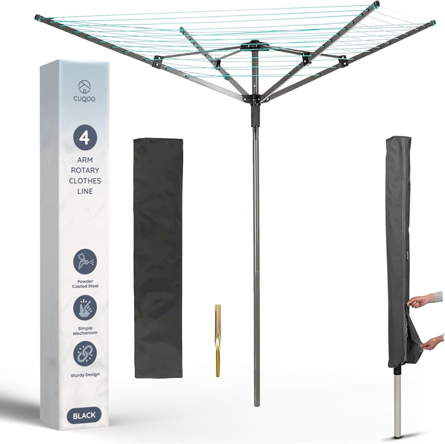 CUQOO4 Arm Folding Clothes Line in Silver – 45m Heavy Duty Rotary Washing Line | Outdoor Rotary Clothes Dryer with Non-Slip Lining, Ground Spike, and Cover - Silver