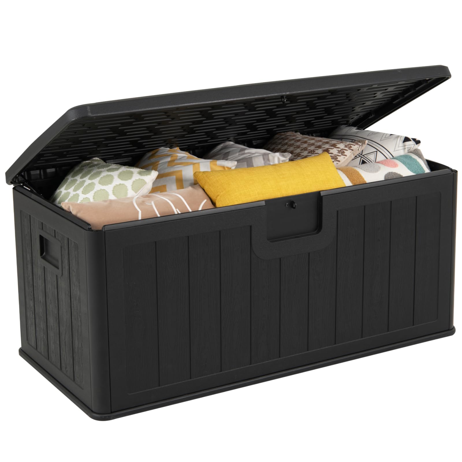 TANGZON 380L Garden Storage Box, Outdoor Weather Resistant Deck Box with Handles & Lockable Lid, Wood Effect Patio Storage Chest Container for Cushions Pillows Pool Supplies Tools (Black)