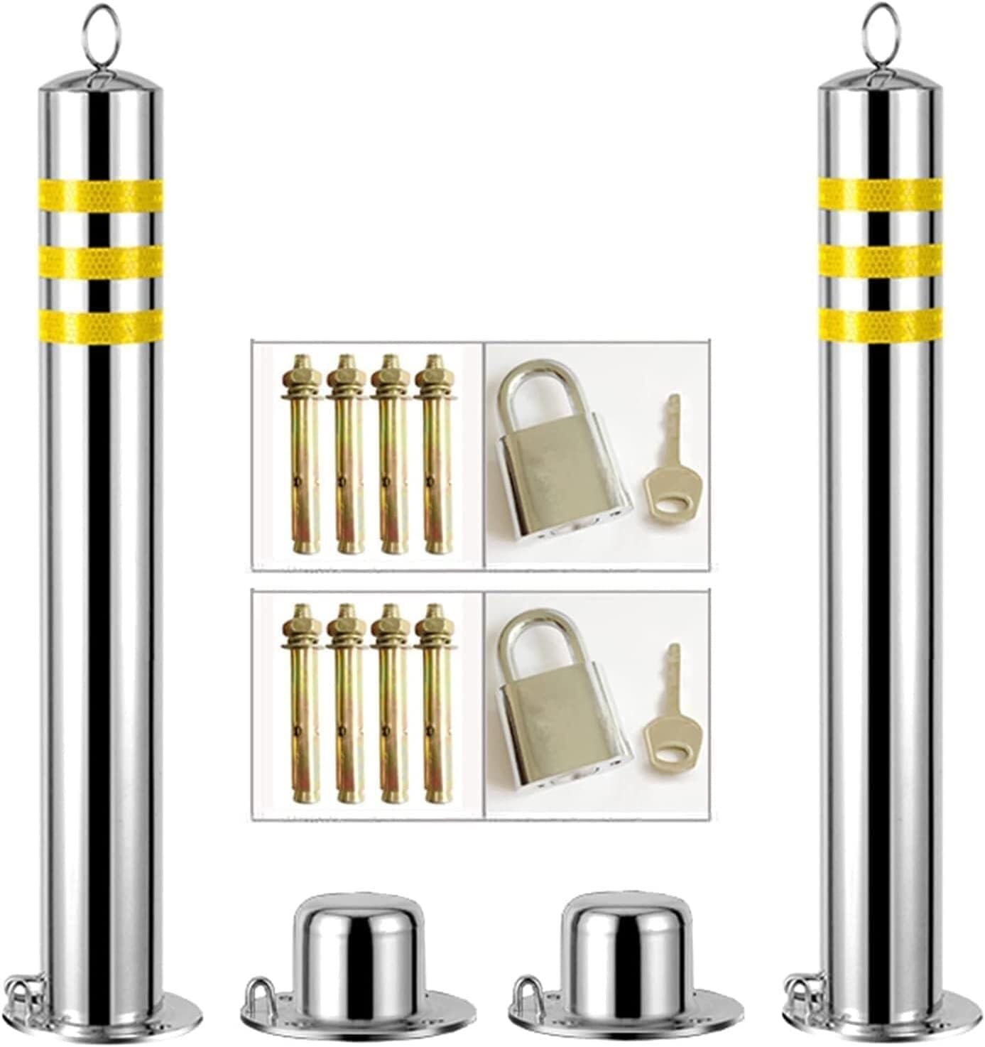 Guardrail per Parcheggio 2 Pezzi Dissuasore di Blocco per Parcheggio Auto con Lucchetto, Pali di Sicurezza Riflettenti in Acciaio Inossidabile per Parcheggio per Us,Silver-650x76mm