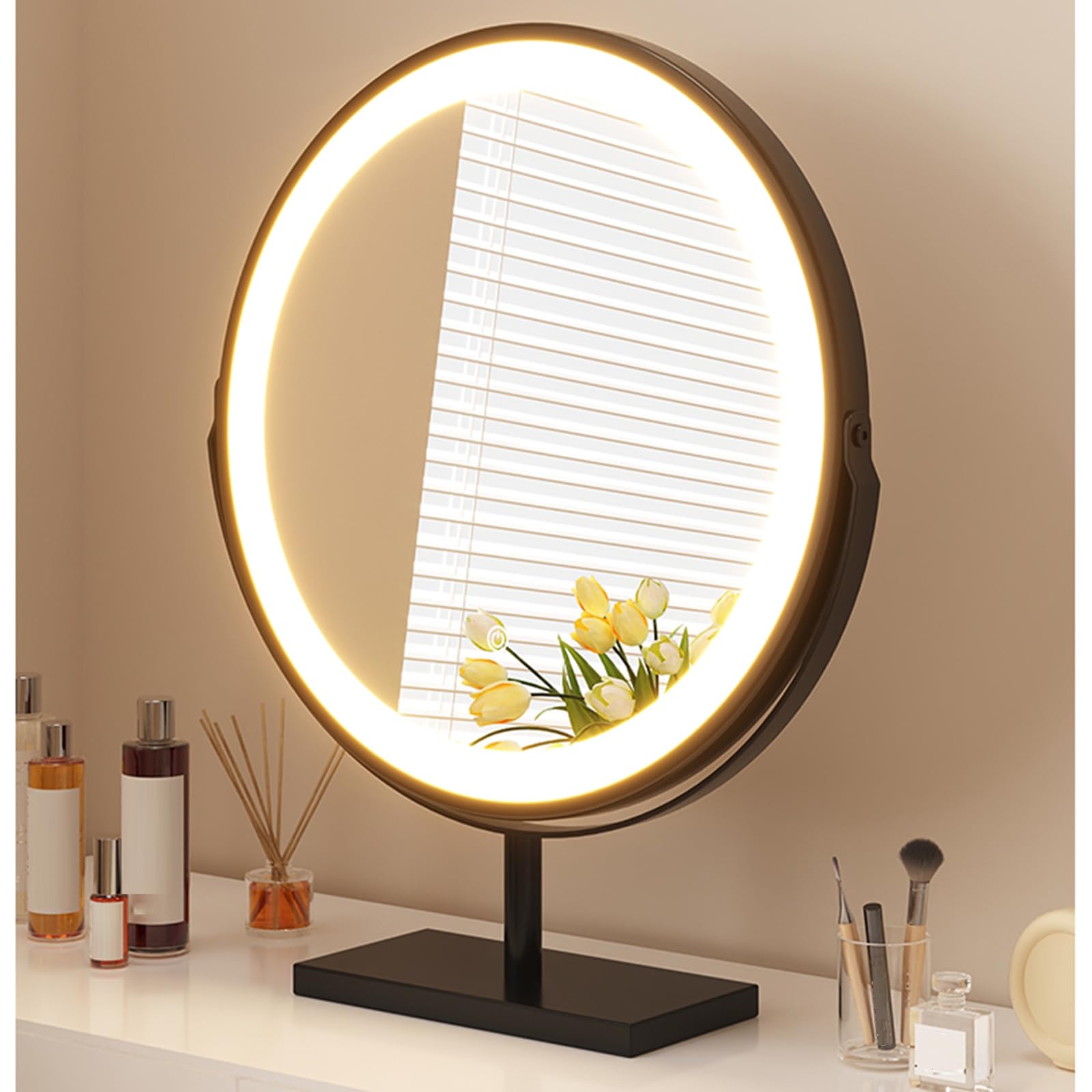 Lusterko do makijażu z podświetleniem LED, okrągłe lustro biurkowe ze sterowaniem dotykowym, trójkolorowe ściemnianie, 30/40/45/50 cm, czarna metalowa rama, idealne do pielęgnacji i pielęgnacji.