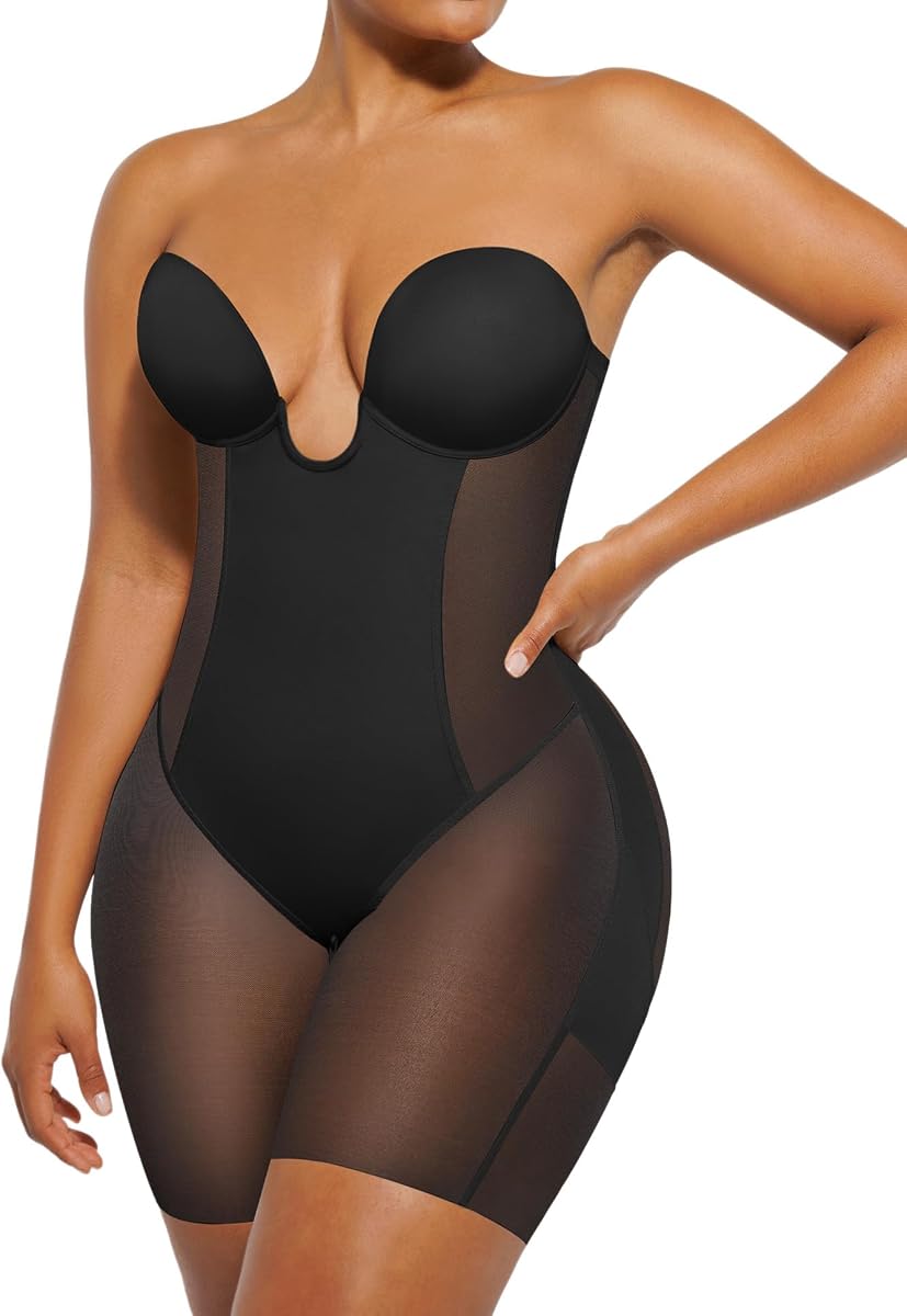 SHAPELLX Strapless Shapewear for Women Deep Plunge Tummy Control Bodysuit | Deep plunge strapless design, built-in cup support, tummy control, convertible straps and crotch zipper for wedding dresses