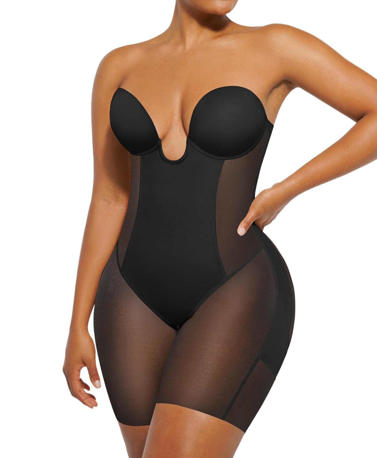 SHAPELLX Strapless Shapewear for Women Deep Plunge Corset Tummy Control Backless Bodysuit Mid Thigh Full Body Shaper