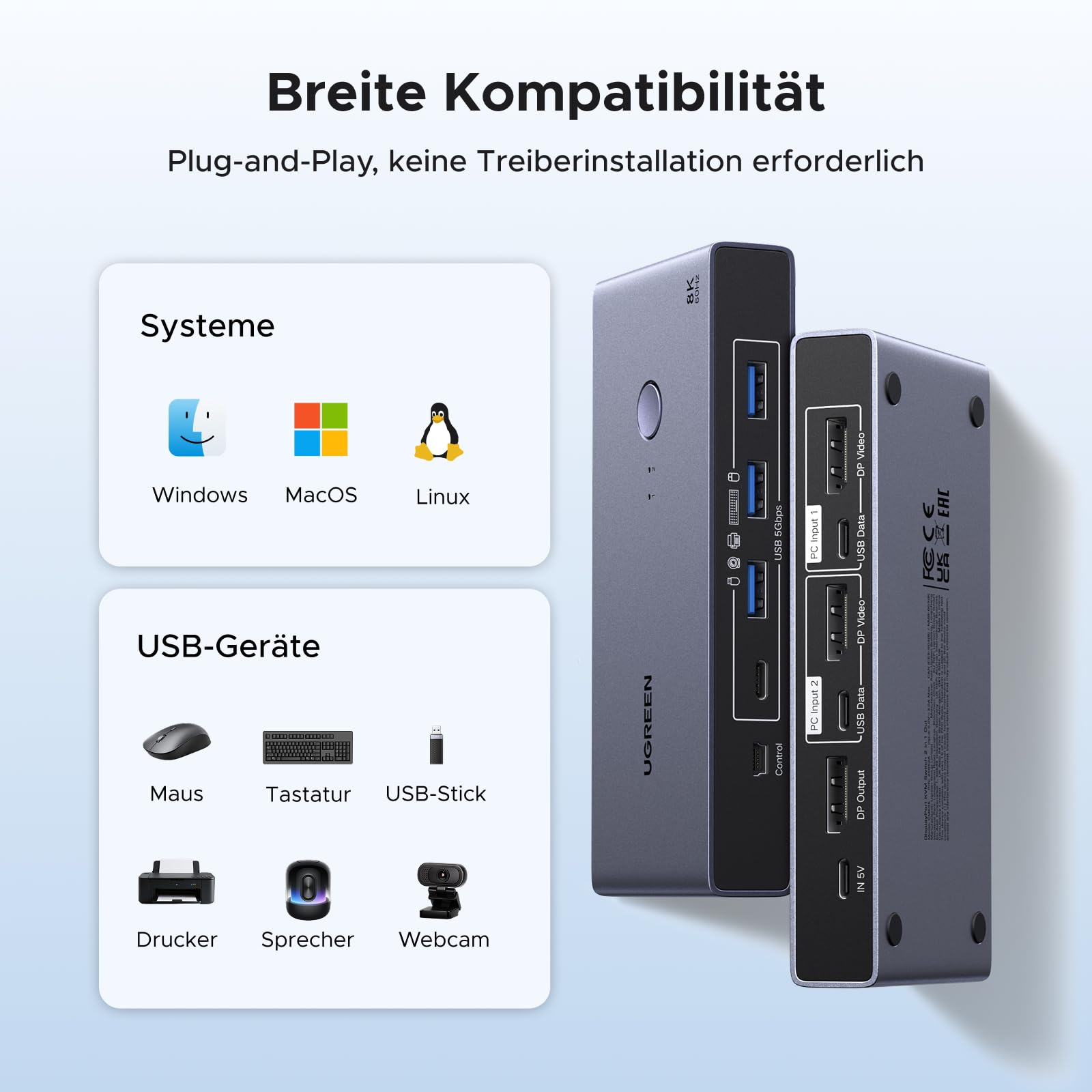 UGREEN DP 1.4 KVM Switch 8K@60Hz 2 PC 1 Monitor mit 4 USB 3.0 Ports | KVM Switch 8K60Hz 4K240Hz 4K120Hz kompatibel mit Windows, MacOS und Linux