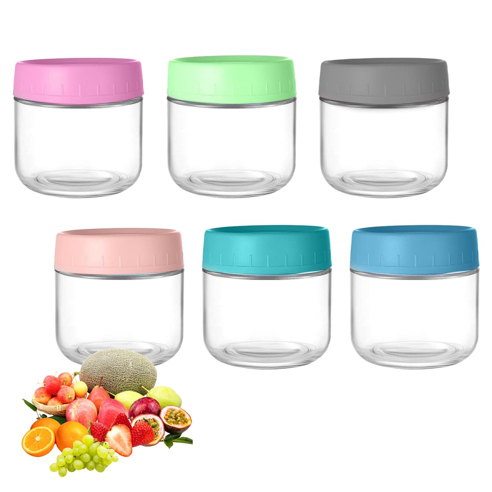YBLUE 6 Pack Overnight Oats Containers with Lids, 10 oz Glass Jars with Lids, 6 Assorted Colors 300ml Glass Food Storage, for Overnight Oats Cereals Milk Fruit Condiment Dressing Sauce Snacks Juice