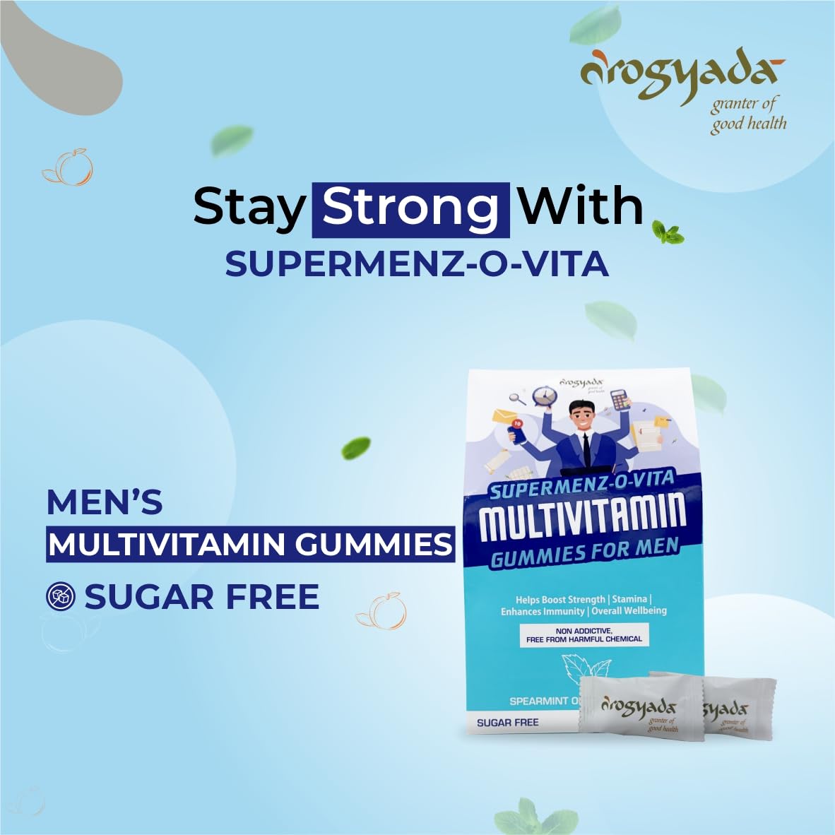 Arogyada Super Menz-O-Vita Multivitamin Gummies with Vitamin A, Ashwagandha, Magnesium, Pumpkin Seed Oil & Green Tea Extract|30 Gummies pack for Men | Great Taste | Sugar Free|Spearmint Orange Flavor Arogyada Super Menz-O-Vita Multivitamin Gummies with Vitamin A, Ashwagandha, Magnesium, Pumpkin Seed Oil & Green Tea Extract|30 Gummies pack for Men | Great Taste | Sugar Free|Spearmint Orange Flavor