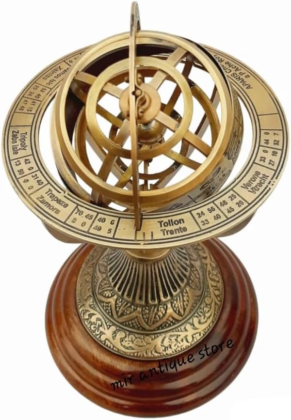 9-Inch Antique Zodiac Armillary Sphere – Engraved Brass Celestial Globe with Wooden Base – Vintage Nautical Home Decor and Collectible Accent Piece