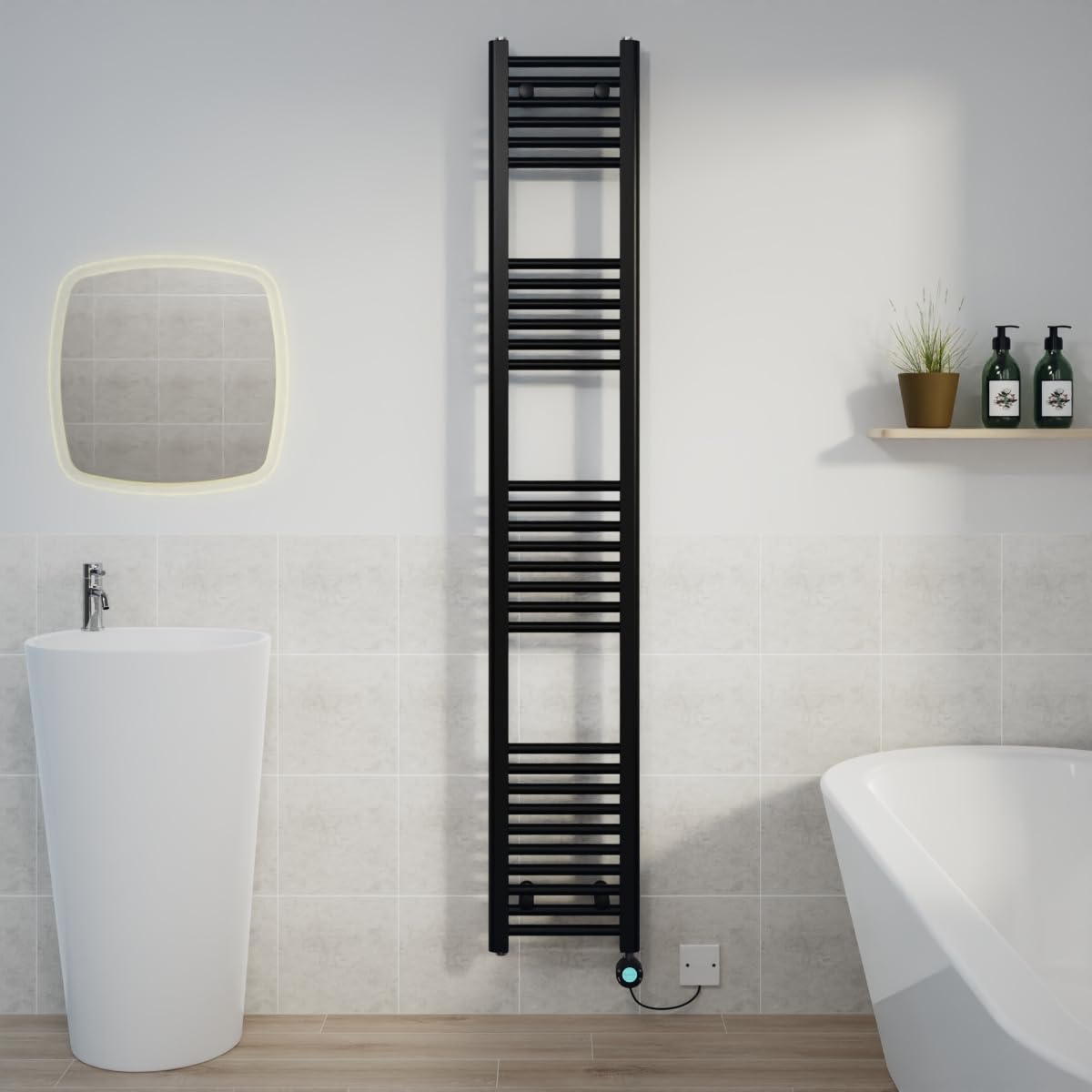 Warmehaus Black Electric Heated Towel Rail Straight Thermostatic Bathroom Towel Radiator with Timer - 1800x300mm 800W — image 1