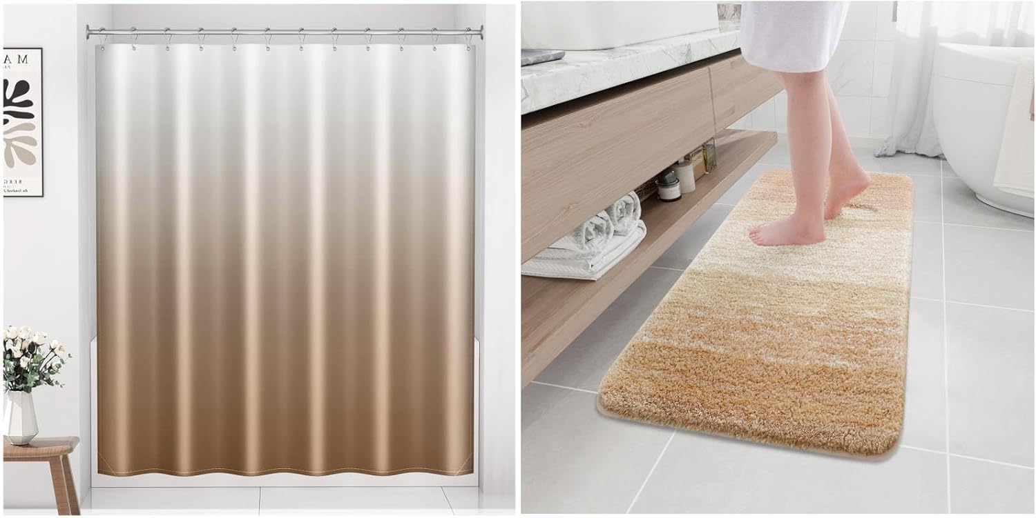 Arotive Shower Curtain and Microfiber Bathroom Rugs for Bathroom, Shower Curtain Size 72" x72" and Bathroom Rug Size 47" x 17" in Beige, 2 Item Bundle
