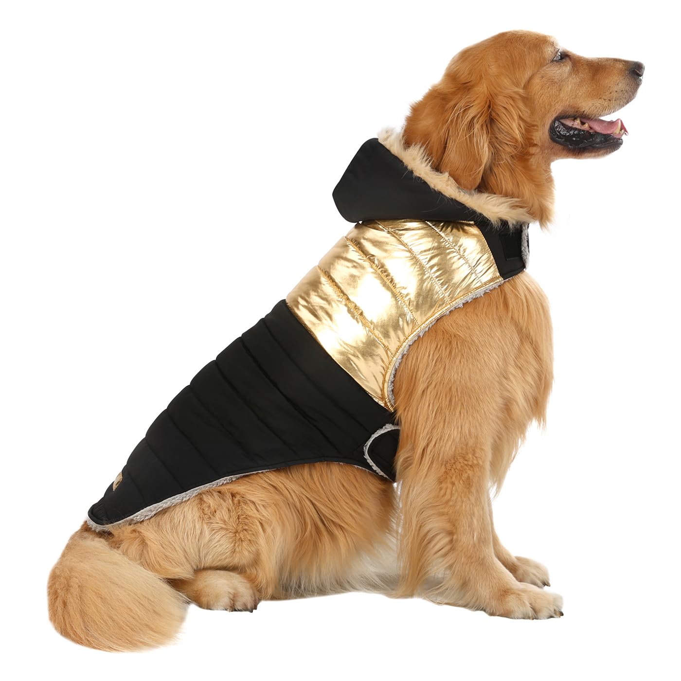 HDE Dog Puffer Jacket Fleece Lined Warm Dog Parka Winter Coat with Harness Hole 90s Black and Gold Metallic - L