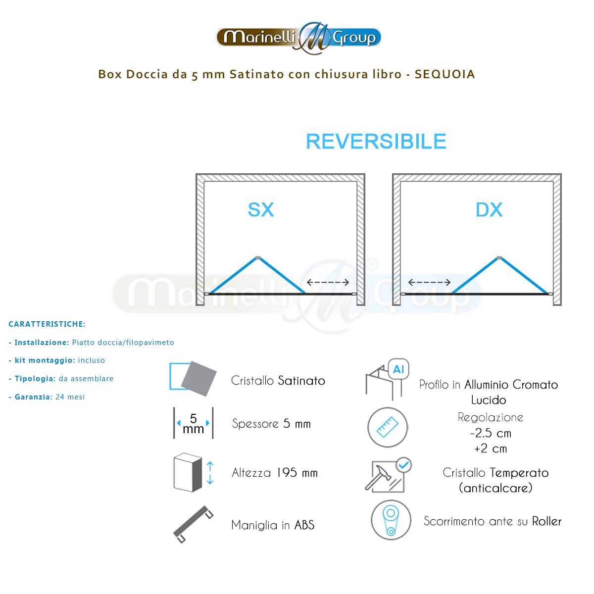 Porta doccia per nicchia 110 cm apertura a libro pieghevole vetro OPACO anticalcare 5mm Sequoia