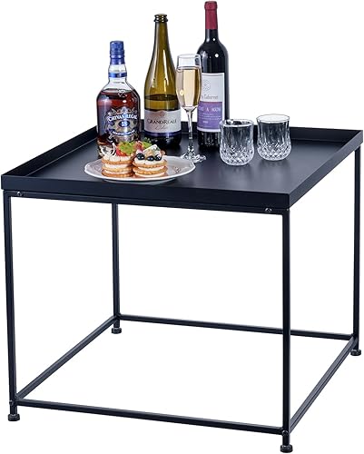 MyGift Mesa auxiliar moderna de 24 pulgadas, mesa auxiliar cuadrada de metal negro mate o mesita de noche